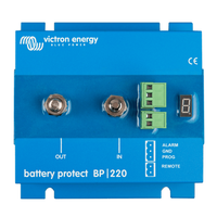 Top-down view of blue Victron Battery Protect 220A showing M8 terminals and digital display