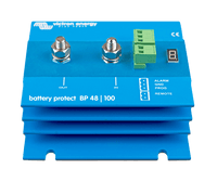 Front view of blue Victron 48V 100A Battery Protect with M8 terminals and digital display