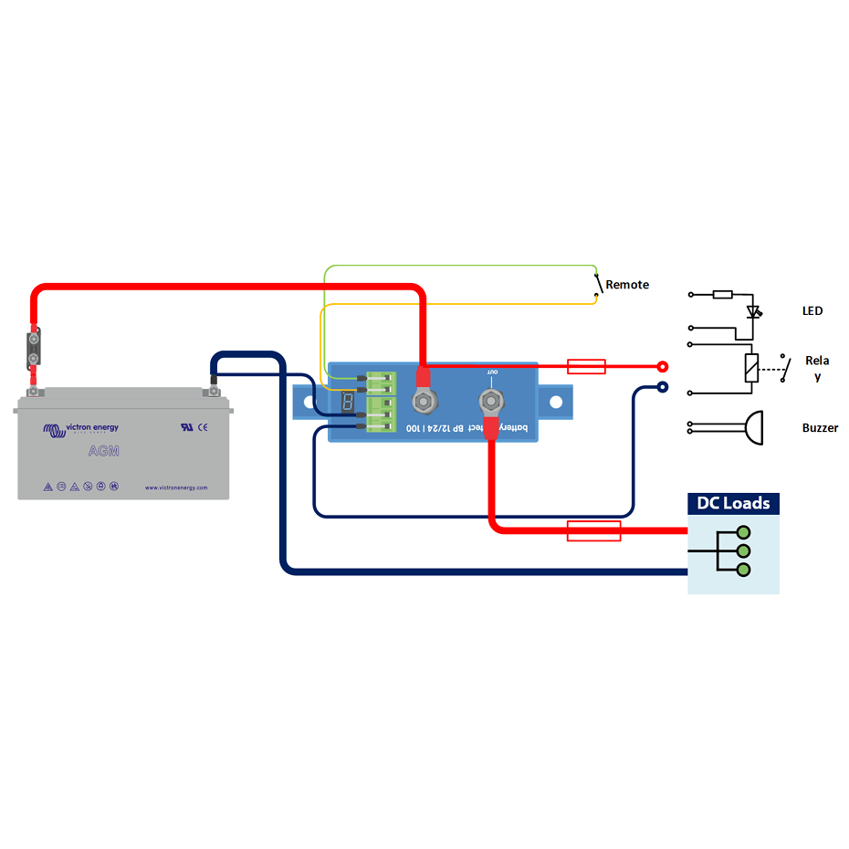 Wiring diagram for Battery Protect showing battery, remote switch and external alarm connections