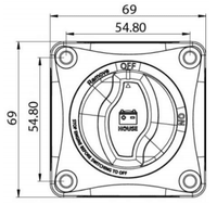 Dimensional drawing of the Victron 275A battery switch showing 69mm square dimensions