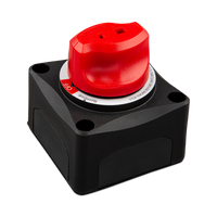 Isometric view of black Victron battery switch housing and red control knob