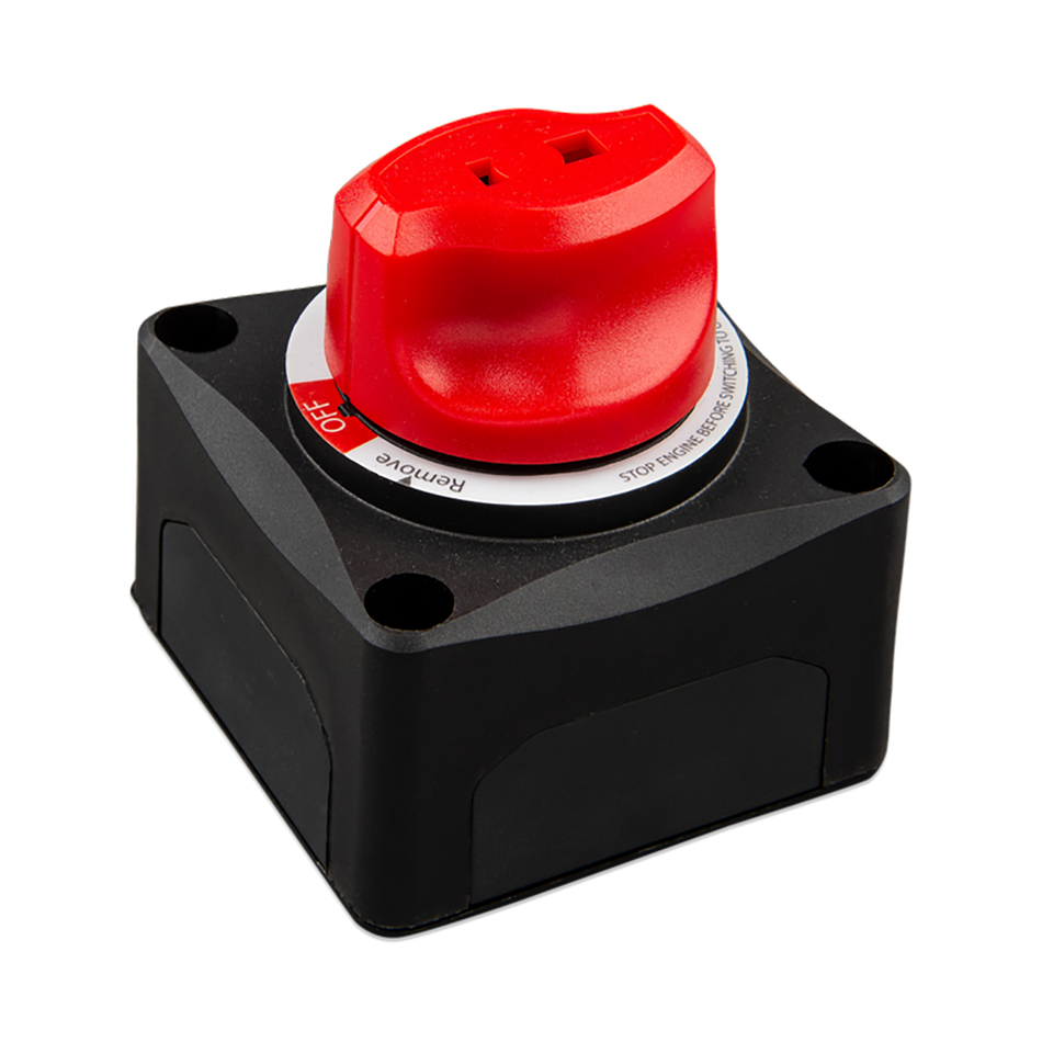 Isometric view of black Victron battery switch housing and red control knob