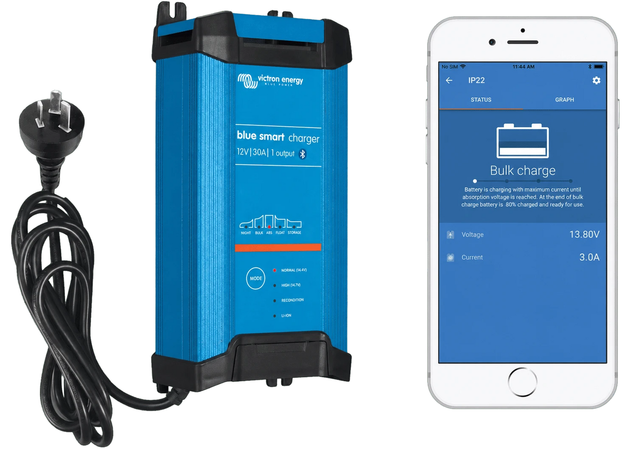 Blue battery charger with AU power plug and smartphone showing Bluetooth app interface