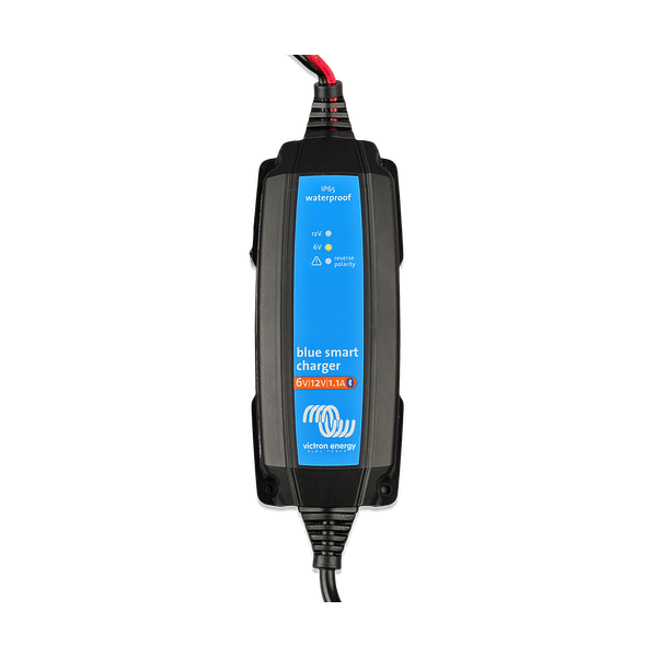 Close-up of Victron charger interface showing 6V and 12V indicators and Bluetooth logo