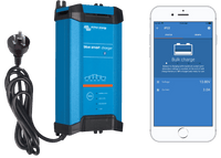 Victron Blue Smart IP22 12V 20A charger with AU/NZ plug and Bluetooth app interface on smartphone