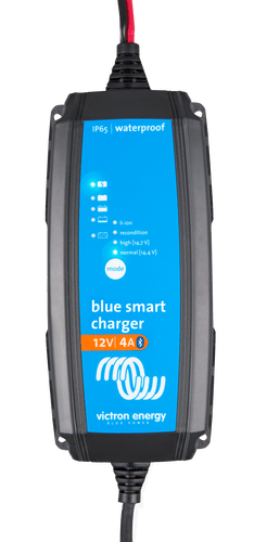 Front interface of Victron Blue Smart 12V 4A charger showing status LEDs and mode button