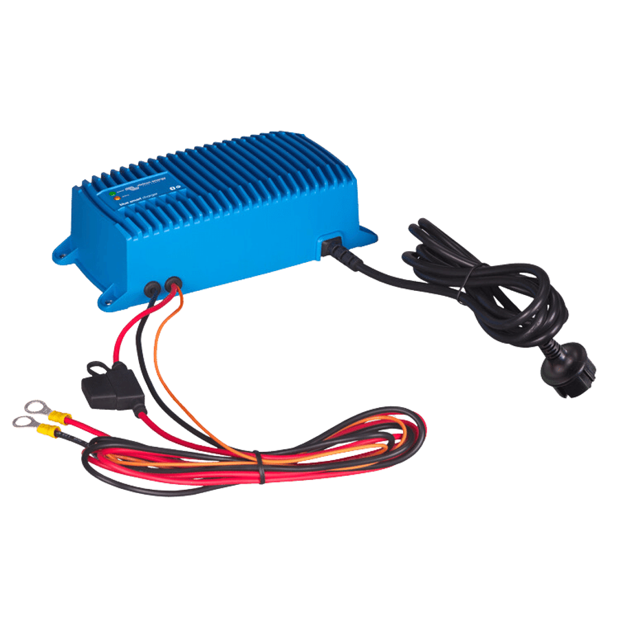 Blue waterproof battery charger with ring terminal leads and Australian mains power plug