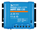 Front view of Victron BlueSolar MPPT 100/20 solar charge controller with LED status indicators and terminal labels