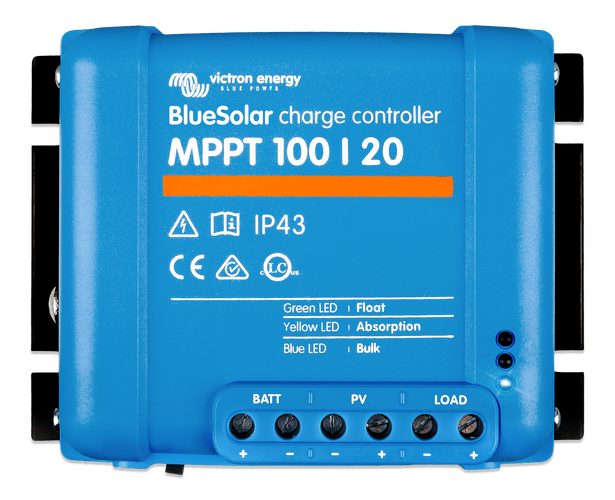 Front view of Victron BlueSolar MPPT 100/20 solar charge controller with LED status indicators and terminal labels