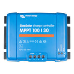Front view of blue Victron BlueSolar MPPT 100/30 solar charge controller with terminal ports and status LEDs