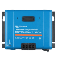Front view of blue Victron BlueSolar MPPT 150/100 charge controller with terminals and status LEDs