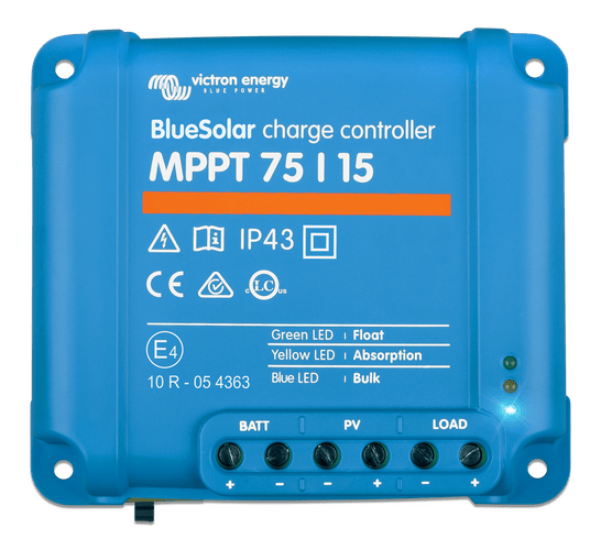 Front view of Victron BlueSolar MPPT 75/15 charge controller showing indicator LEDs and wiring terminals