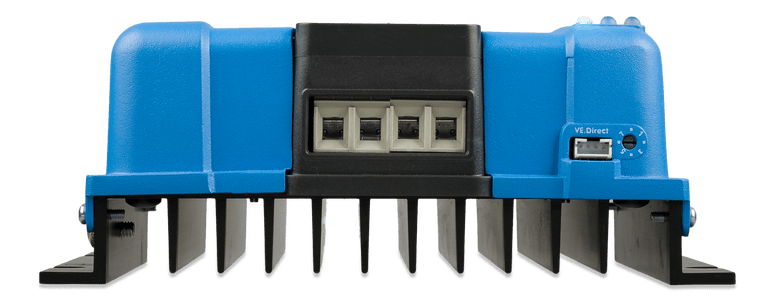 Bottom view of the solar charge controller showing cooling fins and terminal access