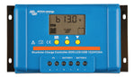 Front view of Victron BlueSolar PWM-DUO charge controller with LCD display and terminal ports