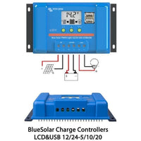 Front and perspective views of a blue Victron 20A solar charge controller with LCD and dual USB ports plus wiring diagram