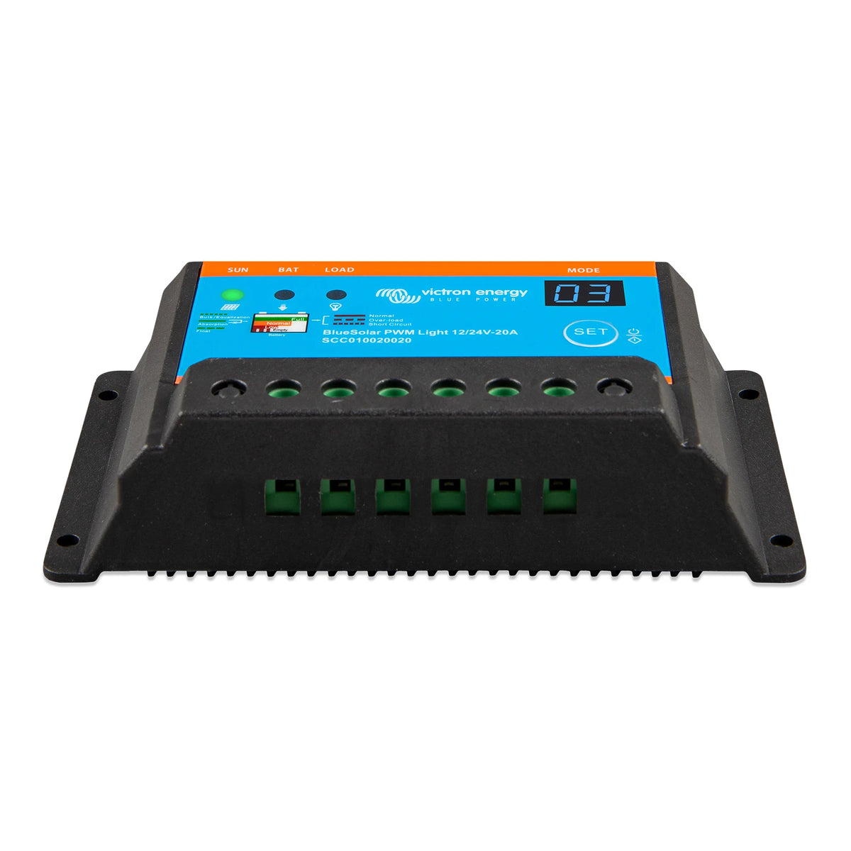 Victron Energy BlueSolar PWM Light 12/24V 20A solar panel controller, model SC20160209A, featuring a black metal casing, a bright blue front display panel with orange borders, and green terminal connectors at the bottom.