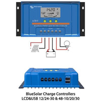 BlueSolar PWM solar charge controller featuring LCD screen, dual USB ports, and screw terminals for wiring