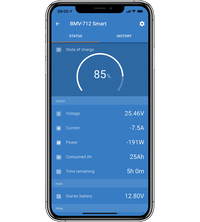 Smartphone screen showing VictronConnect app interface with battery status and real-time data