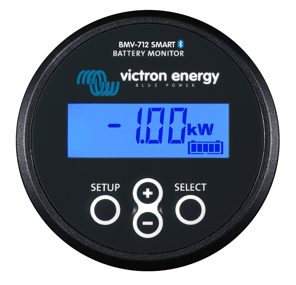 Black Victron BMV-712 Smart battery monitor with blue backlit LCD display showing power usage
