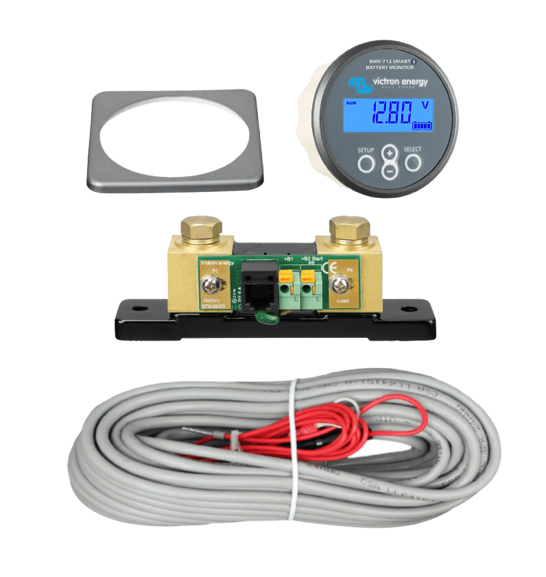 Kit contents for Victron BMV-712 battery monitor including 500A shunt and cables