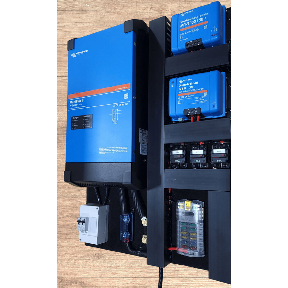 Front layout view of the board showing Victron components, circuit breakers and fuse distribution
