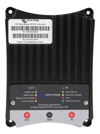 Front view of the 25A DC-DC converter showing terminal labels and detailed status panel