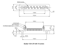 Technical dimensional drawing of the 150A 2P busbar with 10 screws showing measurements in mm