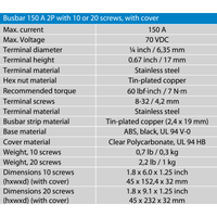Specification table for Victron 150A 2P busbar including voltage and material details