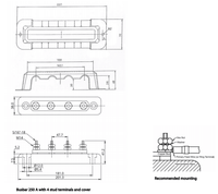 Technical dimensional drawing of the 250A busbar and cover with mounting diagrams