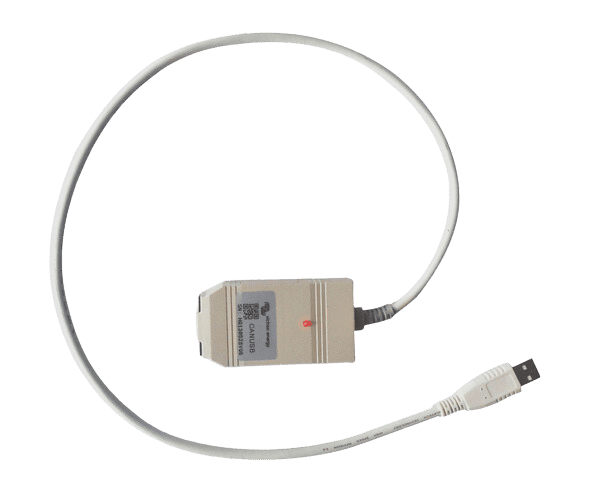 White Victron CAN-USB interface cable with integrated converter box and status LED indicator