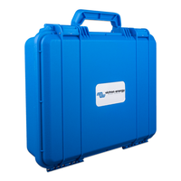 Angled side view of the blue Victron battery charger carry case