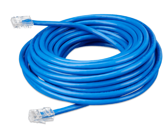 Coiled 15m blue Cat5e RJ45 UTP Ethernet patch cable with clear modular connectors