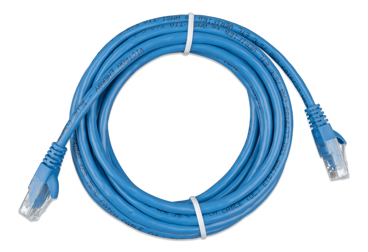 Coiled 3m blue Cat5e RJ45 UTP Ethernet patch cable with clear modular connectors