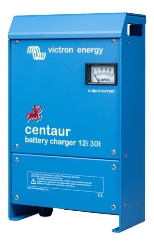 Side perspective of the Victron Centaur 12V 30A blue metal enclosure battery charger