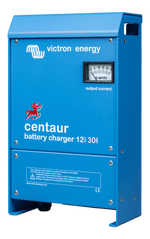 Side perspective of the Victron Centaur 12V 30A blue metal enclosure battery charger