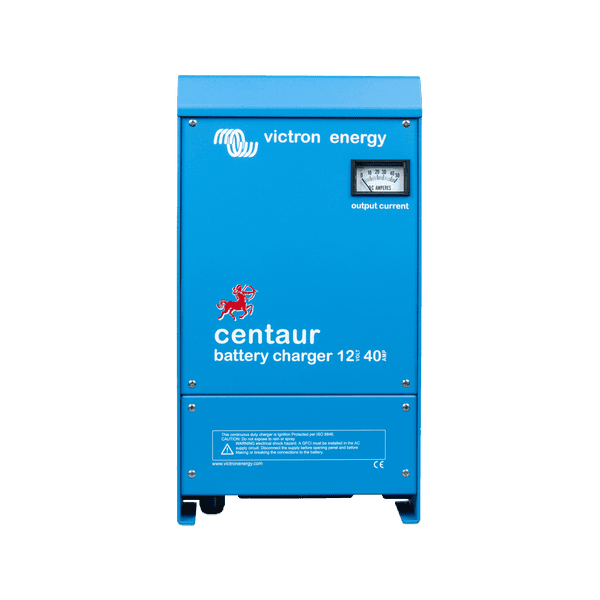 Victron Centaur 12V 40A battery charger in blue aluminium enclosure with analogue output current ammeter