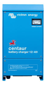 Victron Centaur 12V 40A battery charger in blue aluminium enclosure with analogue output current ammeter