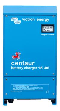 Victron Centaur 12V 40A battery charger in blue aluminium enclosure with analogue output current ammeter