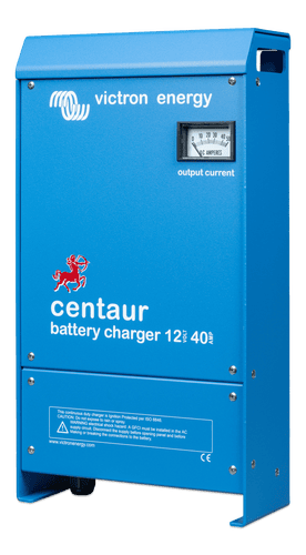 Three-quarter view of the Victron Centaur 12V 40A battery charger with mounting points visible