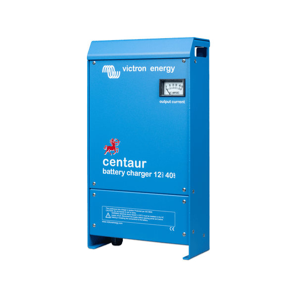 Three-quarter view of the Victron Centaur 12V 40A battery charger with mounting points visible