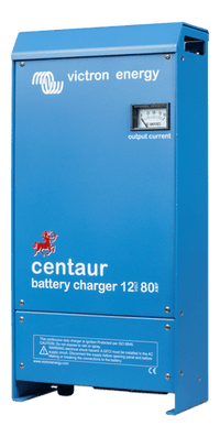 Perspective view of the blue powder-coated aluminium enclosure of the Centaur 12/80 charger