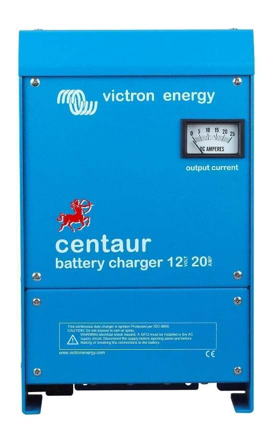 Front view of blue Victron Centaur 12V 20A battery charger with analogue ammeter