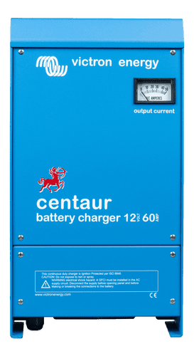 Blue Victron Centaur 12V 60A battery charger with analogue ammeter on front