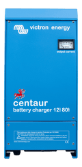 Front view of the blue Victron Centaur 12V 80A charger featuring an analogue output current ammeter