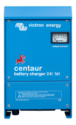 Front view of blue Victron Centaur 24V 16A battery charger with analogue ammeter