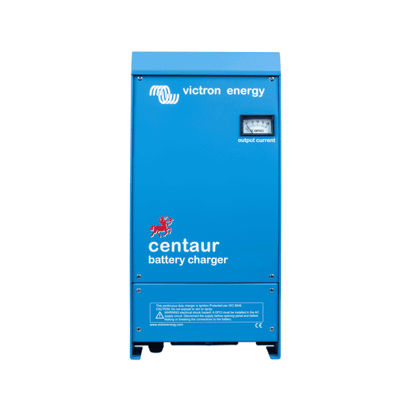 Front view of Victron Centaur 24V 60A charger with analogue ammeter and blue aluminium enclosure