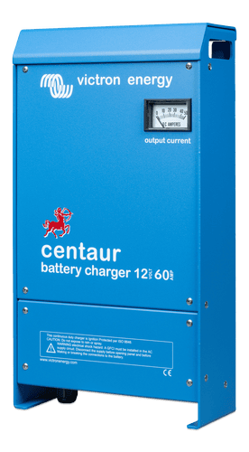 Perspective view of Victron Centaur battery charger in blue aluminium case