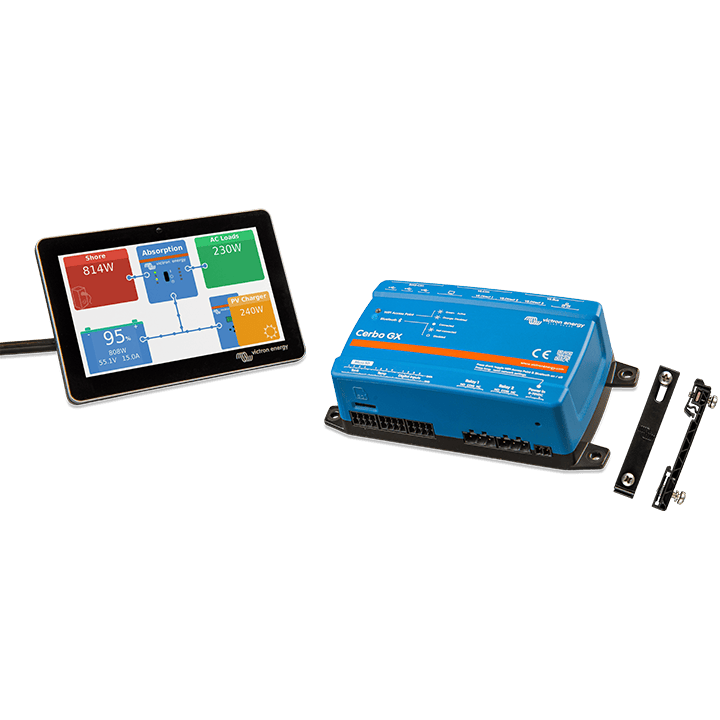 Victron Cerbo GX and GX Touch display shown with large DIN35 adapters for mounting onto an equipment rail