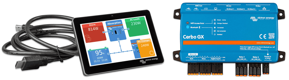 Cerbo GX MK2 controller and GX Touch 70 touchscreen display with connection cable