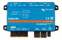 Top-down view of Cerbo GX MK2 detailing connection labels and LED status indicators